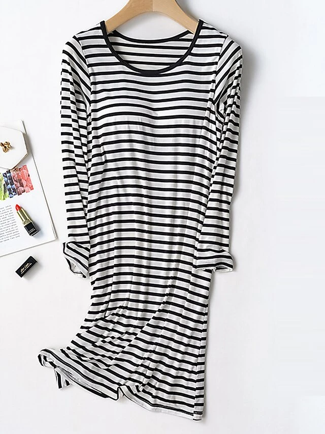 Women's Striped Modal Nightgown With Chest Pads Nightshirt Dress Simple Casual Comfort Home Daily Bed Modal Breathable Crew Neck Long Sleeve Fall Winter Black Pink 9 Women's Striped Modal Nightgown With Chest Pads Nightshirt Dress Simple Casual Comfort Home Daily Bed Modal Breathable Crew Neck Long Sleeve Fall Winter Black Pink - Image 7