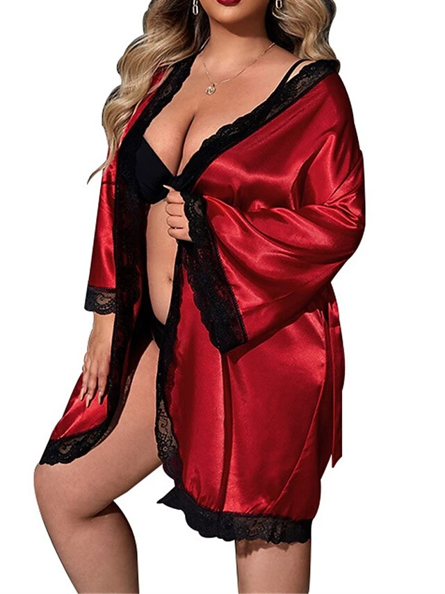 Women's Plus Size Pajamas Bathrobe Patchwork Simple Casual Comfort Home Christmas Bed Polyester Breathable V Wire Long Sleeve Summer Spring Red 7 Women's Plus Size Pajamas Bathrobe Patchwork Simple Casual Comfort Home Christmas Bed Polyester Breathable V Wire Long Sleeve Summer Spring Red - Image 5