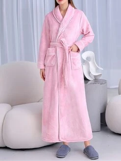 Couple‘s Flannel Bathrobe Pajamas Patchwork Warm Simple Plush Home Bed Warm Breathable V Wire Long Sleeve Pocket Fall Winter -Ladies Pajamas Store jbolju1696232037601