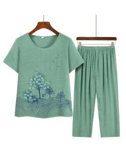 Women's Plus Size Loungewear Sets Animal Elk Simple Casual Comfort Home Daily Vacation Polyester Breathable Crew Neck Short Sleeve T Shirt Tee Elastic Waist Summer Spring Pink Blue -Ladies Pajamas Store jbxszb1683171866641