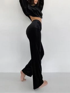 Women's Loungewear Sets Pure Color Warm Comfort Soft Home Daily Bed Velvet Warm Breathable Lapel Long Sleeve Crop Top Pant Fall Winter Black -Ladies Pajamas Store jbznxd1693206709796