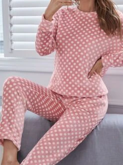 Women's Fleece Pajamas Sets Flannel Warm Dot Warm Fashion Plush Home Daily Bed Breathable Crew Neck Long Sleeve Pant Fall Winter Pink -Ladies Pajamas Store jcfmtg1695023632605