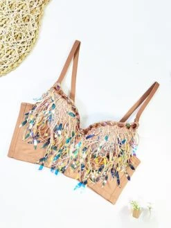 Women's Rhinestone Corset Bustier Feather Undergarments Home Daily Bed Polyester Breathable Straps Sleeveless Backless Summer Spring Black White -Ladies Pajamas Store jednkr1696315697564