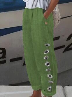 Women's Cotton And Linen Loungewear Pants Nighty Trousers Flower Print Elastic Waist Comfort Home Street Summer Spring Black White -Ladies Pajamas Store jeuuva1687831323806