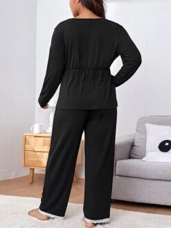 Women's Plus Size Loungewear Sets Patchwork Fashion Comfort Soft Home Daily Bed Polyester Warm Breathable V Wire Long Sleeve Pullover Pant Fall Winter Black Gray -Ladies Pajamas Store jgadoq1693986243124