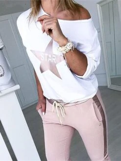 Women's Loungewear Sets Letter Star Sport Casual Comfort Home Daily Vacation Polyester Breathable Crew Neck Long Sleeve T Shirt Tee Pant Pocket Fall Winter White -Ladies Pajamas Store jhjhqc1693986196833