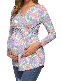 Women's Maternity Tops Pregnancy Shirts Floral Pattern Casual Comfort Pastoral Home Daily Vacation Cotton Breathable V Wire Long Sleeve Fall Winter White Light Green -Ladies Pajamas Store jikwqa1695281855686