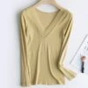 Women's Delong Thermal Shirt Top Pure Color Warm Simple Casual Home Daily Going Out Nylon Warm V Wire Long Sleeve Fall Winter Black Camel -Ladies Pajamas Store jiqvbh1697161965003