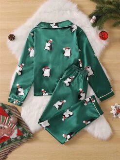 Women's Christmas Pajamas Sets Animal Penguin Simple Casual Comfort Home Bed Satin Breathable Lapel Long Sleeve Shirt Pant Button Pocket Fall Winter Green -Ladies Pajamas Store jixutq1696751791539