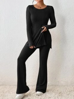 Women's Loungewear Sets Pure Color Casual Comfort Soft Home Street Daily Polyester Breathable Crew Neck Long Sleeve Sweater Pant Fall Winter Black Army Green -Ladies Pajamas Store jjshbh1692861792184