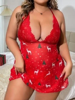 Women's Plus Size Pajamas Nightgown Dress Elk Casual Comfort Home Christmas Bed Polyester Breathable Halter Neck Sleeveless Dress Backless Fall Winter Red