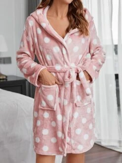 Women's Robes Gown Pjs Dot Comfort Soft Home Bed Polyester Hoodie Long Sleeve Pocket Hoodie Fall Winter Pink