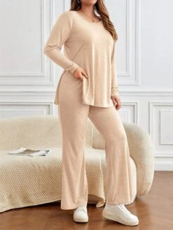 Women's Plus Size Loungewear Sets Pure Color Sport Casual Comfort Home Daily Vacation Rayon Breathable Crew Neck Long Sleeve T Shirt Tee Pant Fall Winter Khaki