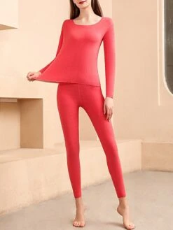 Women's Pajamas Thermal Set Pure Color Warm Fashion Comfort Home Daily Bed Polyester Comfort Warm Crew Neck Long Sleeve T Shirt Tee Pant Fall Winter Black Pink