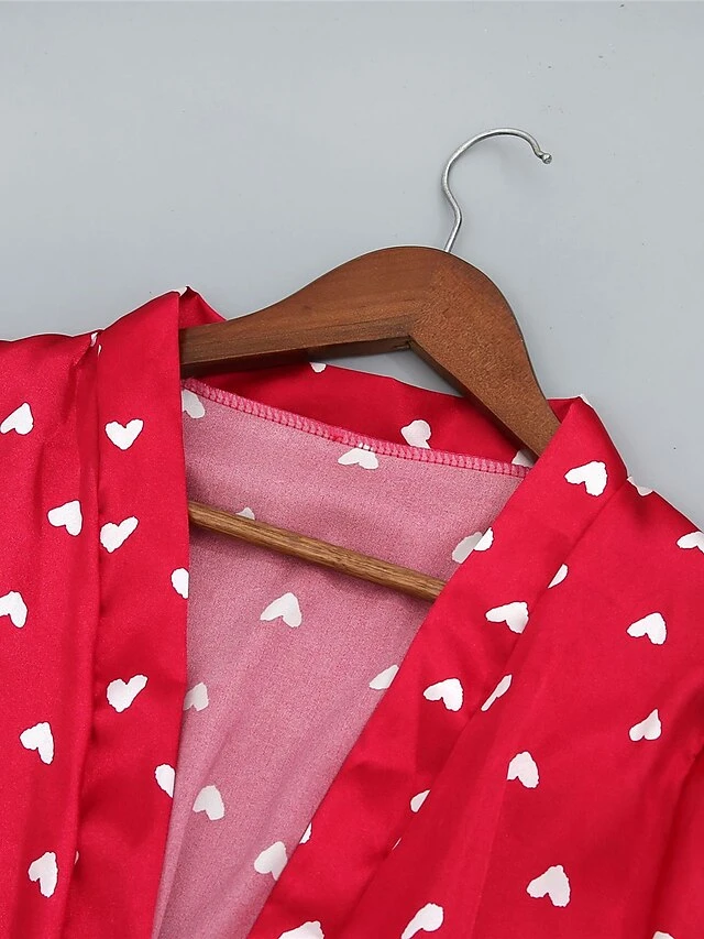 Women's Satin Heart Print Lace PJ Sets 3 Pcs Bathrobe Cami Top And Bow Tie Front Shorts Casual Comfort Soft Home Daily Bed Polyester Breathable Summer Fall White Wine 9 Women's Satin Heart Print Lace PJ Sets 3 Pcs Bathrobe Cami Top And Bow Tie Front Shorts Casual Comfort Soft Home Daily Bed Polyester Breathable Summer Fall White Wine - Image 7