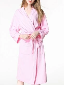 Women's Cotton Robe Pure Color Simple Casual Comfort Home Bed Wedding Party Breathable V Wire Long Sleeve Pocket Fall Winter White Pink -Ladies Pajamas Store jpqcot1694072381841