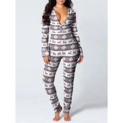 Women's Onesie Pajama For Adult Elk Snowflake Casual Comfort Soft Xmas Home Christmas DailyBreathable V Wire Long Sleeve Hole Fall Winter White Red -Ladies Pajamas Store jqwnmb1694164380617