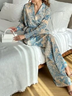 Women's Loungewear Sets Flower Fashion Casual Comfort Home Daily Vacation Polyester Warm Breathable Lapel Long Sleeve Shirt Pant Button Fall Winter Blue -Ladies Pajamas Store jrfbuf1693899203926