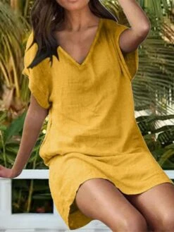 Women's Pajamas Nightgown Nightshirt Dress Pure Color Simple Casual Soft Home Daily Bed Cotton And Linen Breathable V Wire Short Sleeve Summer Spring Black Yellow 12 Women's Pajamas Nightgown Nightshirt Dress Pure Color Simple Casual Soft Home Daily Bed Cotton And Linen Breathable V Wire Short Sleeve Summer Spring Black Yellow -Ladies Pajamas Store jrooyt1683107252367