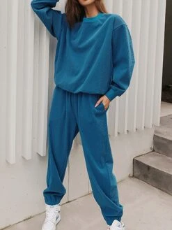 Women's Pajamas Sets Pure Color Warm Fashion Home Vacation Going Out Polyester Warm Breathable Crew Neck Long Sleeve Hoodie Pant Pocket Fall Winter ArmyGreen White