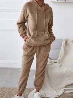 Women‘s Plush Lounge Sets Sleep Shirt Pure Color Simple Comfort Soft Home Daily Vacation Polyester Warm Hoodie Long Sleeve Pocket Winter Fall Brown / Plush