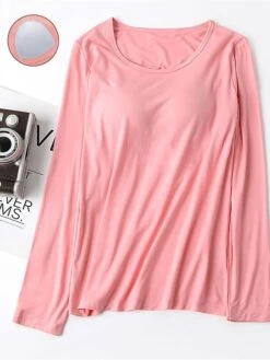 Women's Pink Pajama Top With Chest Pads Loungewear Top Pure Color Fashion Casual Comfort Street Daily Bed Modal Breathable Crew Neck Long Sleeve Fall Winter Black White