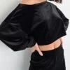 Women's Loungewear Sets Pure Color Warm Comfort Soft Home Daily Bed Velvet Warm Breathable Lapel Long Sleeve Crop Top Pant Fall Winter Black -Ladies Pajamas Store jxicvf1693206700220