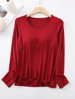 Women's Pajamas Top Pure Color Simple Casual Soft Home Daily Bed Cotton Breathable Crew Neck Long Sleeve Chest Pads Fall Winter Sauce Purple Champagne Powder -Ladies Pajamas Store jxjgnq1693467401918