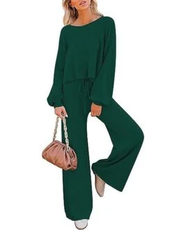 Women's Loungewear Sets Pure Color Fashion Comfort Soft Home Daily Bed Polyester Breathable Crew Neck Long Sleeve Pullover Pant Fall Winter Black Light Green -Ladies Pajamas Store jyvpvu1694072409302