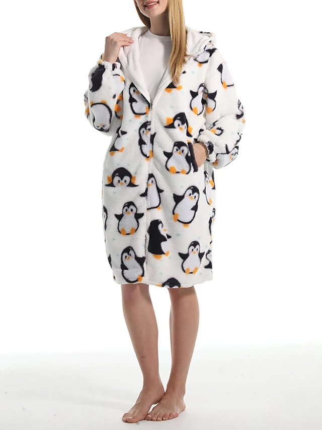 Women's Robe Penguin Plush Casual Comfort Home Daily Bed Flannel Warm Breathable Hoodie Long Sleeve Pocket Fall Winter White 8 Women's Robe Penguin Plush Casual Comfort Home Daily Bed Flannel Warm Breathable Hoodie Long Sleeve Pocket Fall Winter White - Image 6