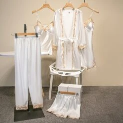 Women's Pajamas Robes Gown Nightgown Nighty 5 Pieces Pure Color Retro Comfort Xmas Home Christmas Daily Satin Breathable Gift V Wire Strap Top Pant Lace Up Backless Chest Pads Spring Fall White 13 Women's Pajamas Robes Gown Nightgown Nighty 5 Pieces Pure Color Retro Comfort Xmas Home Christmas Daily Satin Breathable Gift V Wire Strap Top Pant Lace Up Backless Chest Pads Spring Fall White -Ladies Pajamas Store jztyis1640938640670
