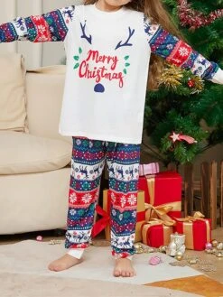 Matching Family Christmas Pajamas Sets Letter Elk Basic Casual Comfort Home Christmas Cotton Breathable Gift Crew Neck Long Sleeve T Shirt Tee Pant Fall Winter White -Ladies Pajamas Store jzxcmt1697074765018