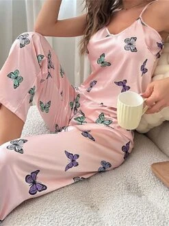 Women's Loungewear Sets 2 Pieces Butterfly Fashion Casual Comfort Street Daily Date Polyester Breathable Straps Sleeveless Pant Fall Winter Pink -Ladies Pajamas Store kbmopl1690443709669