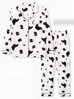 Women's Loungewear Sets Animal Grid / Plaid Fashion Comfort Soft Home Daily Bed Polyester Breathable Lapel Long Sleeve Shirt Pant Button Pocket Fall Winter White Cow Pink Cow -Ladies Pajamas Store kbnqpj1693379806161