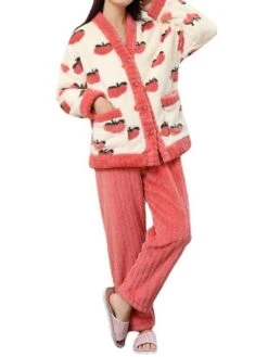 Women's Pajamas Sets Fruit Fashion Casual Comfort Home Daily Bed Flannel Warm V Wire Long Sleeve Cardigan Pant Button Pocket Fall Winter Pink Red -Ladies Pajamas Store kcwydm1693295690029