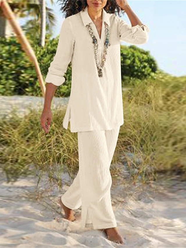 Women's Loungewear Sets Pure Color Basic Casual Comfort Home Daily Vacation Cotton Breathable Lapel Long Sleeve Shirt Pant Summer Spring Black Brown 3 Women's Loungewear Sets Pure Color Basic Casual Comfort Home Daily Vacation Cotton Breathable Lapel Long Sleeve Shirt Pant Summer Spring Black Brown