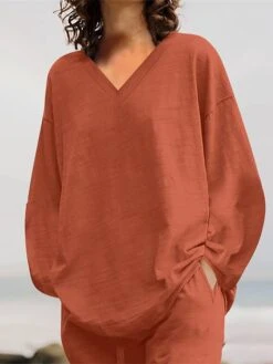 Women's Plus Size Loungewear Sets 2 Pieces Pure Color Fashion Casual Comfort Street Daily Date Cotton Breathable V Wire Long Sleeve Pant Summer Fall Yellow Pink -Ladies Pajamas Store kfvfwr1689326423919