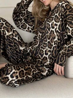 Women's Loungewear Sets 2 Pieces Leopard Maillard Fashion Casual Comfort Street Daily Date Polyester Breathable Lapel Long Sleeve Pant Button Fall Winter Black