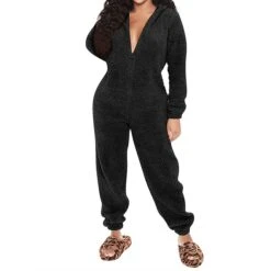Women's Onesie Pure Color Plush Casual Comfort Home Daily Bed Sherpa Warm Hoodie Long Sleeve Fall Winter Black Pink -Ladies Pajamas Store kipajz1697188976232