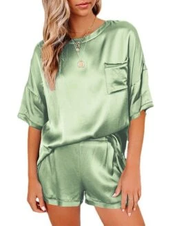 Women's Pajamas Pajama Top And Pant Sets Pure Color Simple Casual Soft Home Daily Bed Satin Breathable Crew Neck Short Sleeve T Shirt Tee Shorts Summer Spring Lake Blue Black -Ladies Pajamas Store kjqfrm1677665099994
