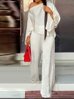 Women's Loungewear Sets Pure Color Basic Fashion Comfort Street Date Vacation Cotton Breathable One Shoulder Long Sleeve Pant Elastic Waist Fall Spring Black White