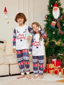 Matching Family Christmas Pajamas Sets Letter Elk Basic Casual Comfort Home Christmas Cotton Breathable Gift Crew Neck Long Sleeve T Shirt Tee Pant Fall Winter White -Ladies Pajamas Store kjzatu1697074763406