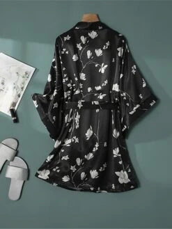 Women's Pajamas Bathrobe Robes Gown Flower Fashion Casual Comfort Home Daily Bed Satin Breathable V Wire Long Sleeve Summer Spring Black -Ladies Pajamas Store kkuvdt1679049379738
