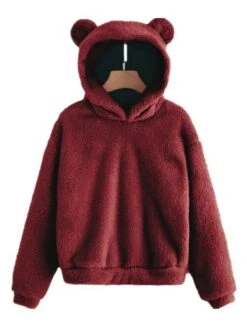 Women's Hoodie Fleece Lounge Top 3D Ear Pure Color Warm Fashion Plush Home Street Daily Polar Warm Breathable Long Sleeve Hoodie Fall Winter Claret Leather Pink -Ladies Pajamas Store kloazn1697074788121