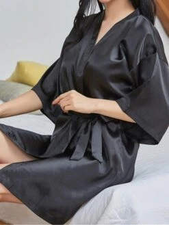 Women's Pajamas Robe Bathrobe Robes Gown Pure Color Casual Comfort Soft Home Daily Bed Satin Breathable V Wire Half Sleeve Summer Fall Black White -Ladies Pajamas Store kltakr1689686986232