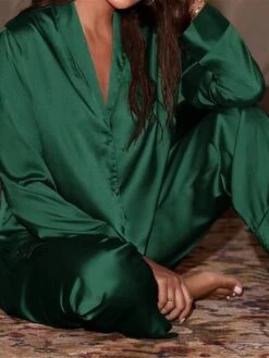 Women's Pajamas Sets Pure Color Fashion Casual Soft Wedding Party Satin Breathable Lapel Long Sleeve Shirt Pant Fall Winter Black Champagne -Ladies Pajamas Store kmetqf1692348349616