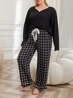 Women's Plus Size Loungewear Sets Grid / Plaid Fashion Comfort Soft Home Daily Bed Polyester Breathable V Wire Long Sleeve Pullover Pant Fall Winter 21047M-Black
