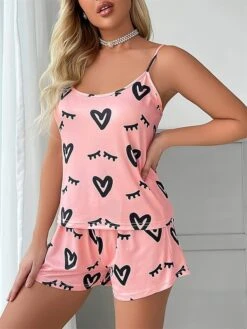 Women's Heart Print Pajamas Sets Cami Top And Shorts SetsElastic Waist Casual Comfort Soft Home Daily Bed Polyester Breathable Summer Spring Pink -Ladies Pajamas Store knpvqi1685499590856