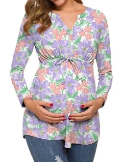 Women's Maternity Tops Pregnancy Shirts Floral Pattern Casual Comfort Pastoral Home Daily Vacation Cotton Breathable V Wire Long Sleeve Fall Winter White Light Green -Ladies Pajamas Store kooqrp1695281851048
