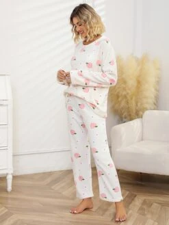 Women's Fleece Coral Pajamas Sets Cartoon Fruit Fashion Plush Casual Home Daily Bed Coral Breathable Crew Neck Long Sleeve Pant Summer Fall Lotus Pink Black -Ladies Pajamas Store kowlvq1697103823280